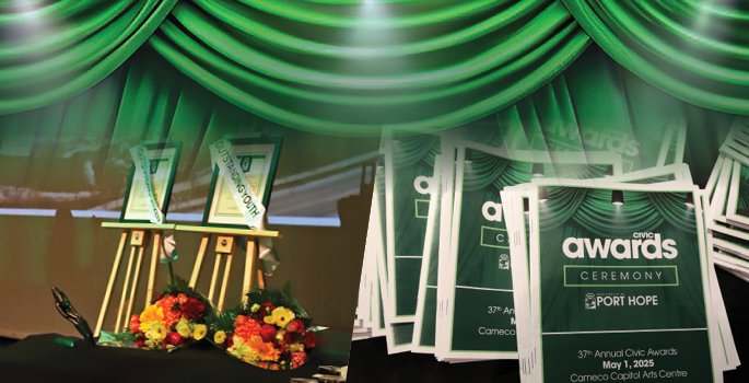 Civic Awards stage, a clock and group of hands